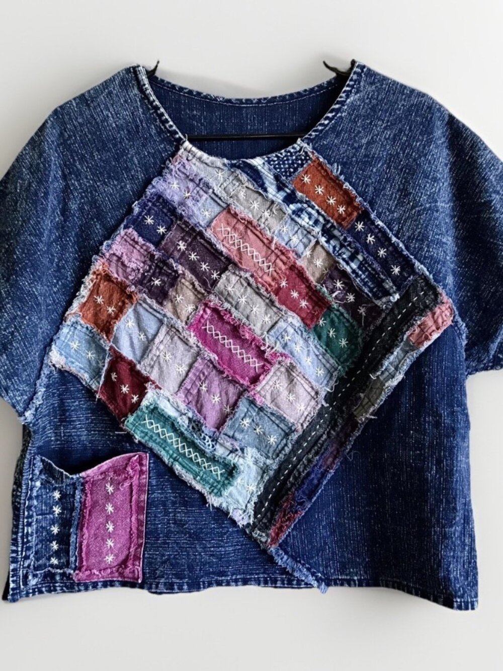 Artsy Patchwork‎ Indigo Shirt Raw Hem Embroidered Bohemian Boxy Top